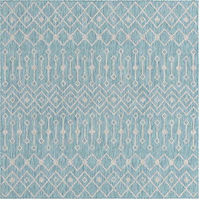 Unique Loom Outdoor Trellis Collection Area Rug - Tribal Trellis (7' 10" Square, Aqua/ Ivory)