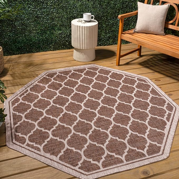 JONATHAN Y Moroccan Trellis Indoor Outdoor Octagon Area Rug 5 Ft Espresso/Taupe, Trebol Textured Weave for Backyard, Patio, Porch, Easy-Cleaning, Pet-Friendly, Non-Shedding (SMB109B-5TGN)