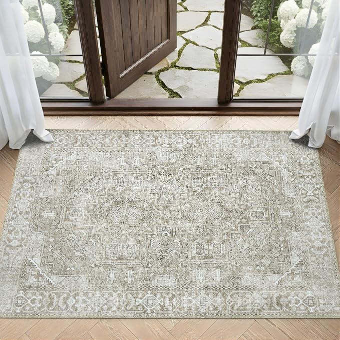Sacred Artisans Farmhouse 2x3 Rug for Entryway, Kitchen, Bathroom and Indoor Entrance | Washable, Non Slip, Pet Friendly and Low Pile (Stone, 2' x 3')