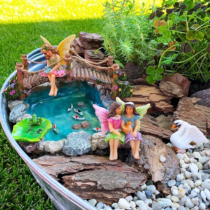 Mood Lab Fairy Garden Figurines - Fish Pond & Bridge - Miniature Decor Set (6 pcs) - Statues & Accessories - Outdoor & Indoor Garden Decor