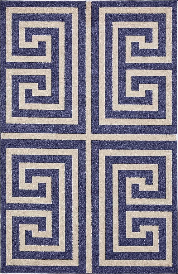 Unique Loom Athens Collection Classic Geometric Modern Border Design Area Rug (6' 0 x 9' 0 Rectangular, Navy Blue/ Beige)