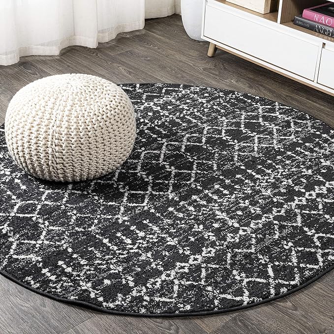 JONATHAN Y Boho Vintage Diamond Black/Ivory Round Area Rug 9 ft, Moroccan Hype for Living Room, Bedroom, Kitchen, Office, Easy-Cleaning, High Traffic, Pet-Friendly, Non-Shedding (MOH101D-9R)