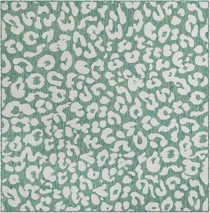 Unique Loom Outdoor Safari Collection Area Rug - Leopard (6' 1" Square Green Blue/Ivory)