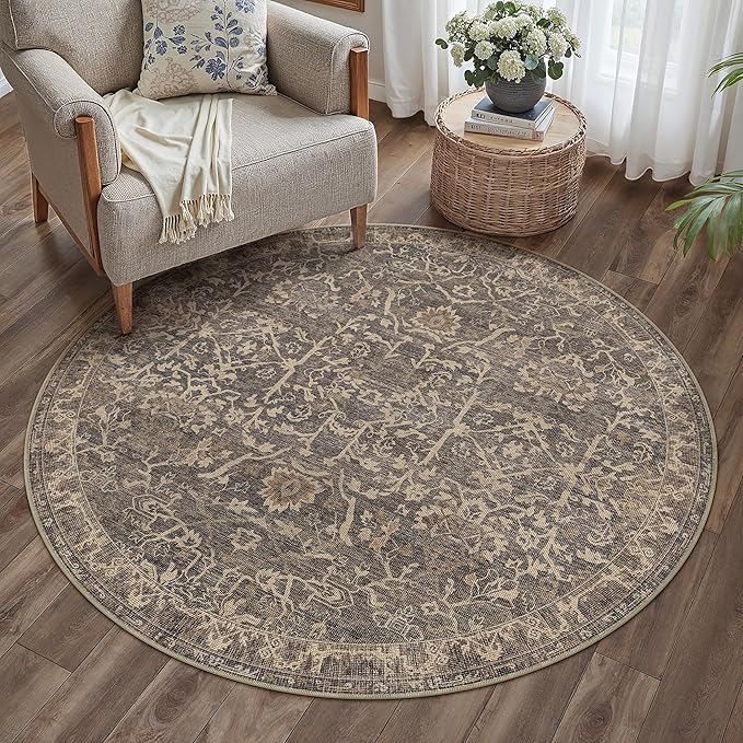4ft Brown Vintage Floral Washable Round Rug for Entryway | Low Pile, Non Slip, Retro Style, Soft Distressed Indoor Rug for Living Room, Bedroom, Office, Laundry Room, Home Decor