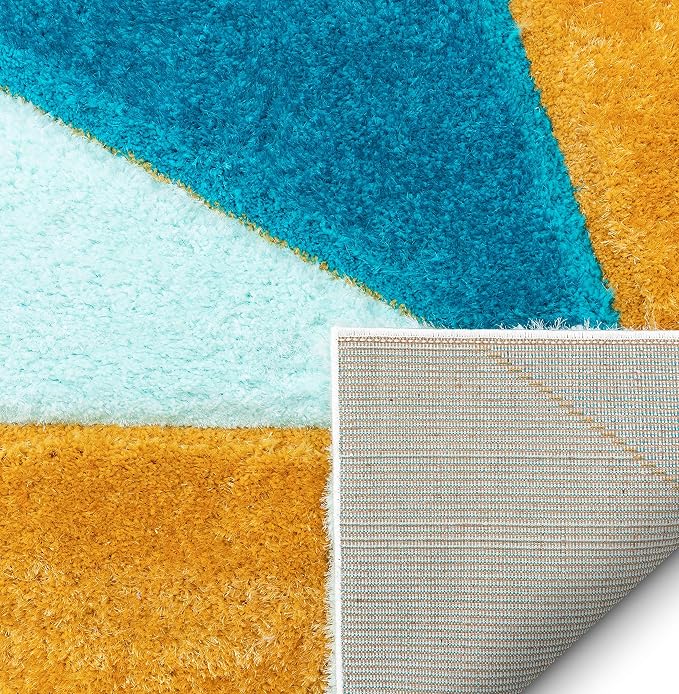 Well Woven Walker Blue Triangle Boxes Thick Soft Plush 3D Textured Shag (2'7" x 9'10") Runner