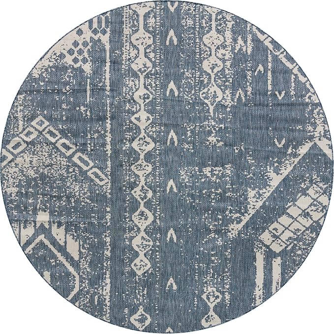 Unique Loom Outdoor Bohemian Collection Area Rug - Anthro (10' 8" Round, Blue/ Ivory)