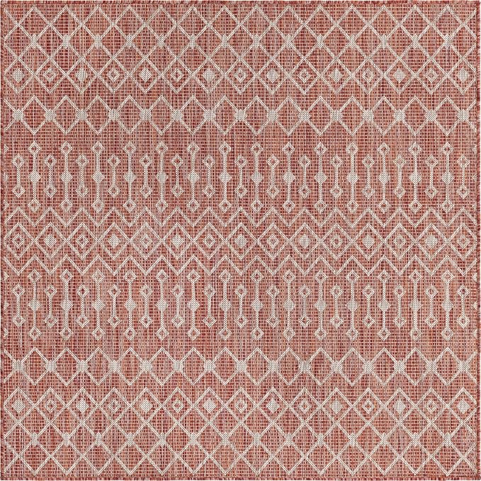 Unique Loom Outdoor Trellis Collection Area Rug - Tribal Trellis (5' 3" Square, Rust Red/ Ivory)