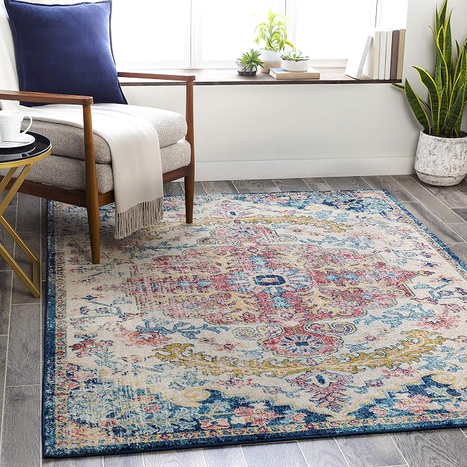 Livabliss Area Rugs - 5x5 Odelia Vintage Boho Aqua Burgandy Blue Square Area Rug for Living Room Bedroom - Floral Medallion Stain Resistant Carpet for Kitchen, Nursery, Office (5'3" Square)