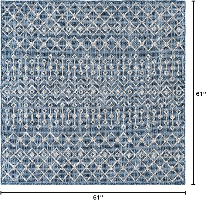 Unique Loom Outdoor Trellis Collection Area Rug - Tribal Trellis (5' 1" Square, Blue/ Ivory)