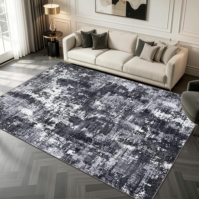 Sasttie 8x10 Washable Area Rug, Modern Abstract Large Carpet, Black & White | OEKO-TEX Certified, Low Pile, Non-Slip, Lightweight, Thin, for Living Room, Bedroom, Dinning Room & Dorm, Soft Faux Wool