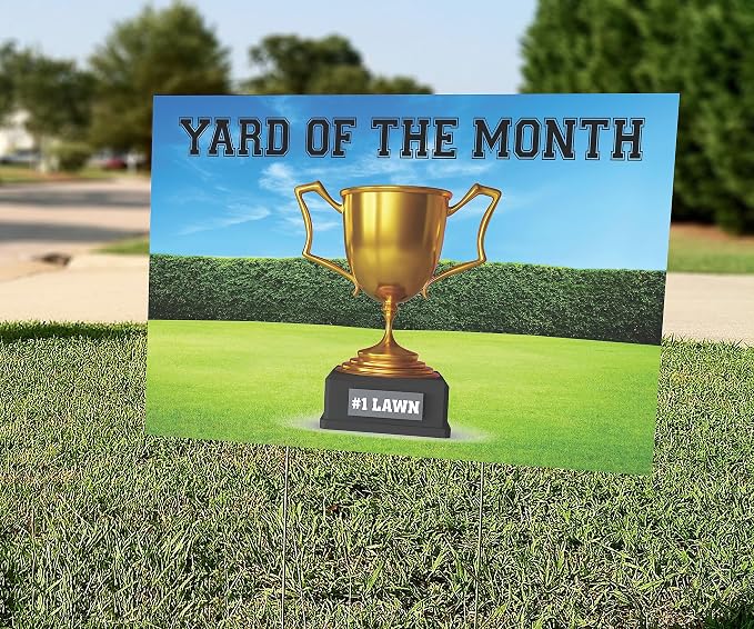 SignPro Yard of The Month Lawn Sign | Trophy Award Yard Sign | #1 Lawn of the Month Sign | 18" x 12" Corrugated Plastic Yard Signs with H Stakes | Double Sided