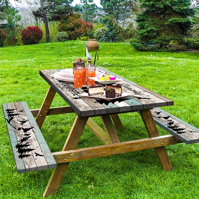 Picnic Table Cover with Bench Covers Camping Essentials Wood Texture Rectangle Fitted Tablecloth with Elastic Waterproof Outdoor Table Cloth for RV Picnic Travel (Teal, 72" x 30" (Rectangular))