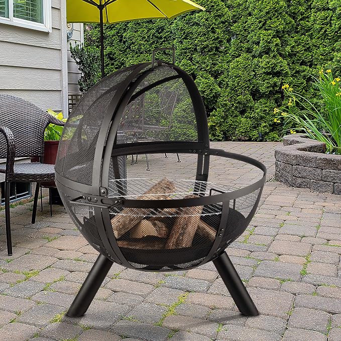 Outdoor Fire Pit Sphere - 30” Flaming Ball Fire Pit with Grill for Barbequing - Firepit Grill Wood Fire Pits for Outside Patio Decor by Pure Garden