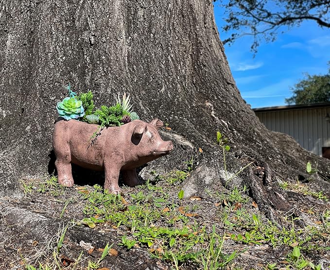 Zeckos Rustic Brown Smiling Pig Resin Decorative Planter - 17 Inches Long - Great for Flowers and Succulents - Perfect for Both Indoor and Outdoor Decor Settings