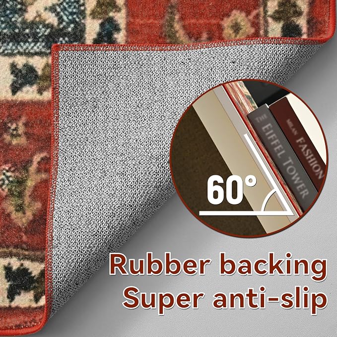 YJ.GWL Area Rugs for Living Room 6x9 Machine Washable Rugs, Non Slip Floral Vintage Rug Indoor Carpet, Stain Resistant Large Rug for Bedroom Dining Room, Orange-Red