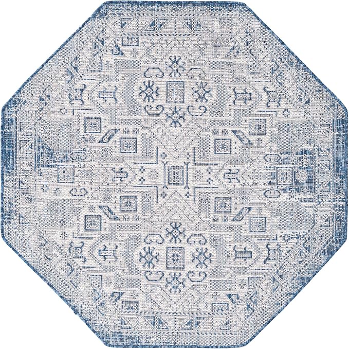 Unique Loom Outdoor Aztec Collection Area Rug - Coba (5' 3" Octagon, Blue/ Ivory)