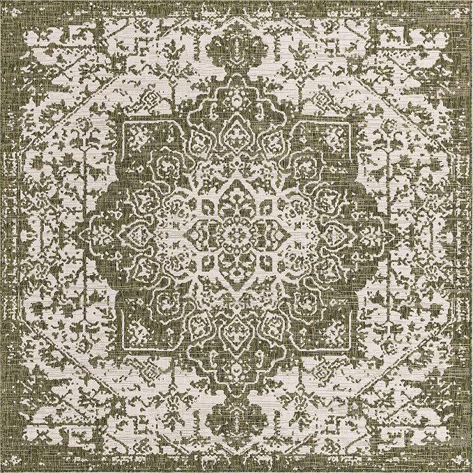 Unique Loom Outdoor Collection Area Rug - Dubai (10' 8' Square, Green/ Ivory)