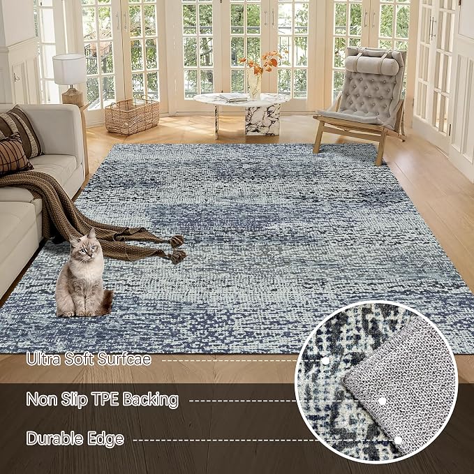Washable Area Rug - 1/6 Thick - Stain & Water Resistant Non-Slip - Resistant Rug for Living Room, Bedroom, Nursery, Pet & Child Friendly, Vintage Charm Area Rugs (Grey+LightTeal, 9' x 12')