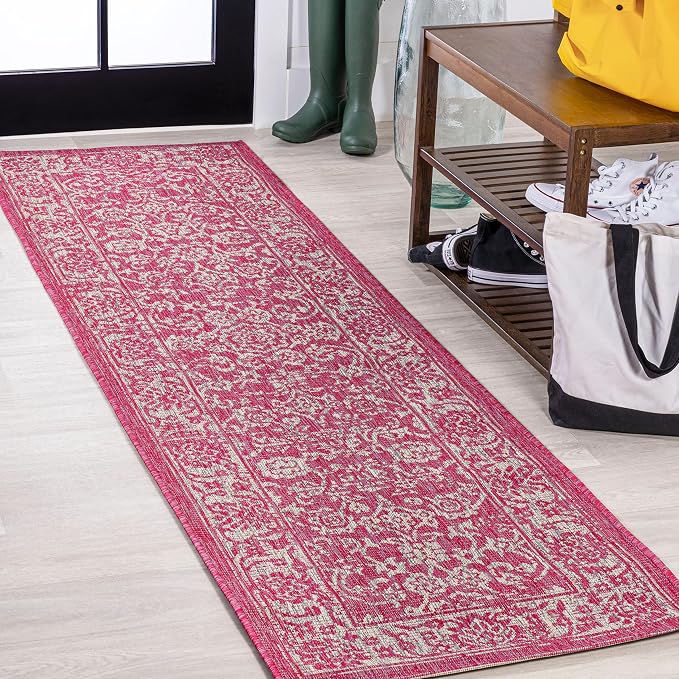 JONATHAN Y Weave Floral Indoor Outdoor Runner Rug 2X10 Fuchsia/Light Gray, Tela Bohemian Textured for Backyard, Patio, Porch, Easy-Cleaning, High Traffic, Pet-Friendly, Non-Shedding (SMB100G-210)