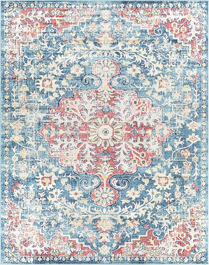 Livabliss Area Rugs - 8x10 Odelia Vintage Boho Blue Off-White Saffron Area Rug for Living Room Bedroom - Floral Medallion Stain Resistant Carpet for Kitchen, Nursery, Office (7'10" x 10')