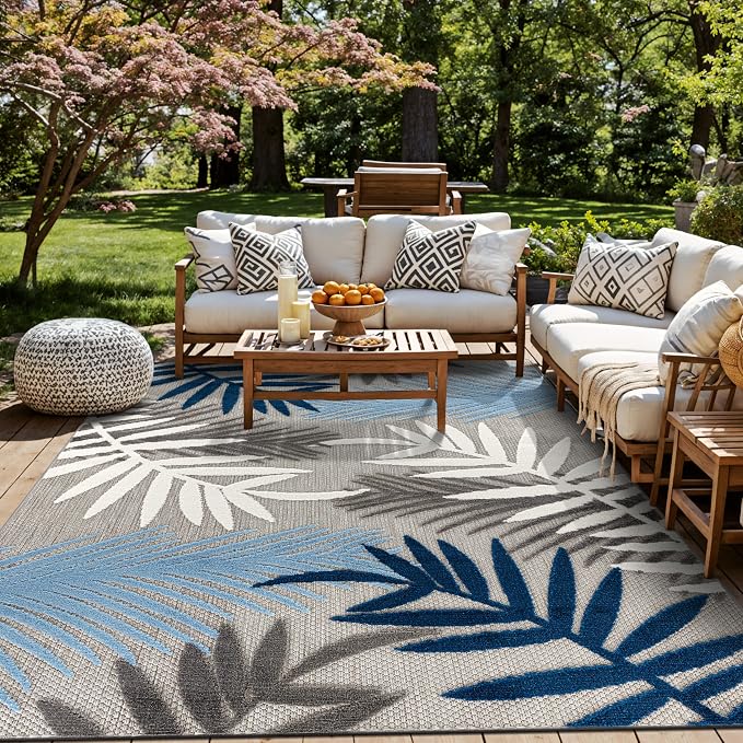 Rugshop Blue Palm Frond Indoor/Outdoor Area Rug Easy Cleaning for Patio, Porch and Dining Area, 6'6" x 9'