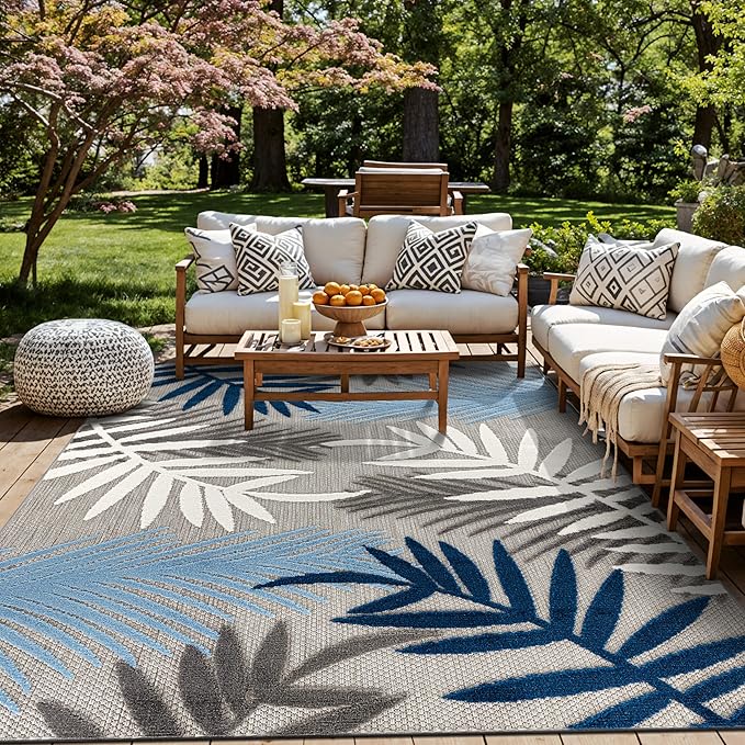 Rugshop Indoor/Outdoor Palm Leaf Area Rug, Non-Shedding Easy-Care Design for Backyard, Deck and Outdoor Lounge, Blue, 10' X 14'