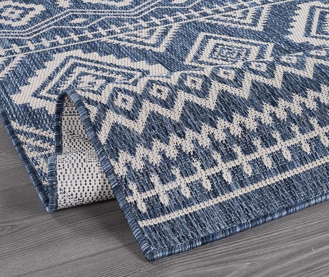 Beverly Rug Waikiki Boho Indoor Outdoor Rug 9x12, Washable Outside Carpet for Patio, Deck, Porch, Bohemian Area Rug, Farmhouse Rugs, Aztec Tribal Rug, Azure and White