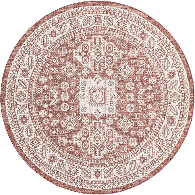 Unique Loom Outdoor Aztec Collection Area Rug - Chalca (6' 1" Round Rust Red/Ivory)