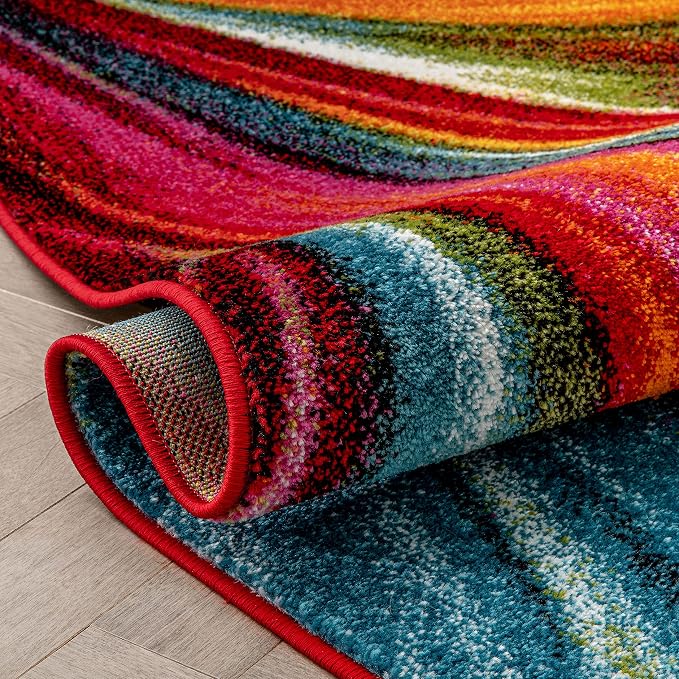 Well Woven Aurora Multi Red Yellow Orange Swirl Lines Modern Geometric Abstract Brush Stroke Area Rug(5'3inx7'3in)Easy Clean Stain Resistant Shed Free Contemporary Painting ArtStripe Thick Soft Plush
