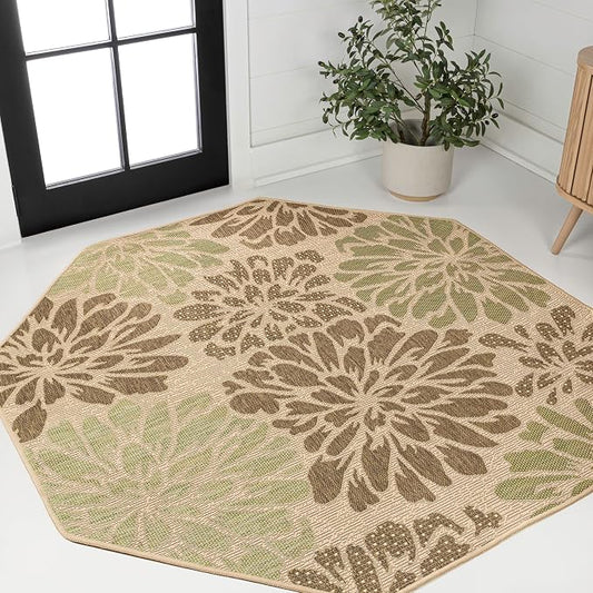 JONATHAN Y Floral Textured Weave Indoor Outdoor Octagon Area Rug 5 Ft Sage/Brown, Zinnia Modern for Backyard, Patio, Porch, Easy-Cleaning, High Traffic, Pet-Friendly, Non-Shedding (SMB110A-5TGN)
