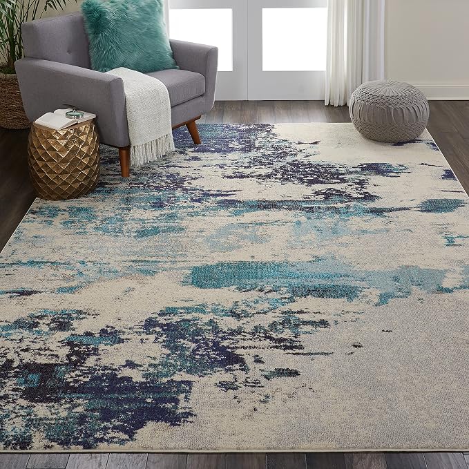 Nourison Home Celestial Ivory Teal Blue 7'10" x 10'6" Area Rug - Easy Clean, Non Shedding, Bed Room, Living Room, Dining Room, Kitchen (8' x 11')