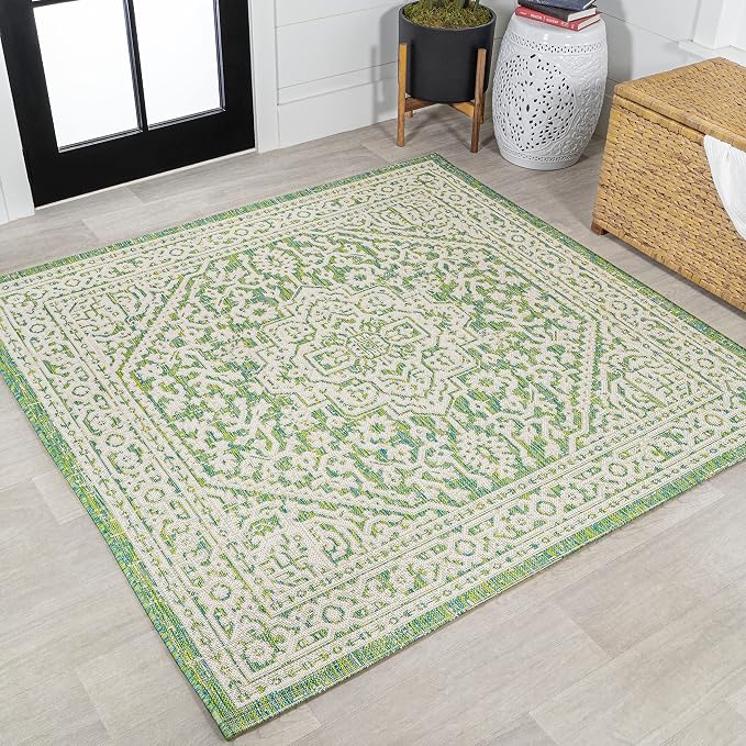 JONATHAN Y Medallion Weave Indoor Outdoor Square Area Rug 5X5 Cream/Green, Sinjuri Textured for Backyard, Patio, Porch, Easy-Cleaning, High Traffic, Pet-Friendly, Non-Shedding (SMB101H-5SQ)