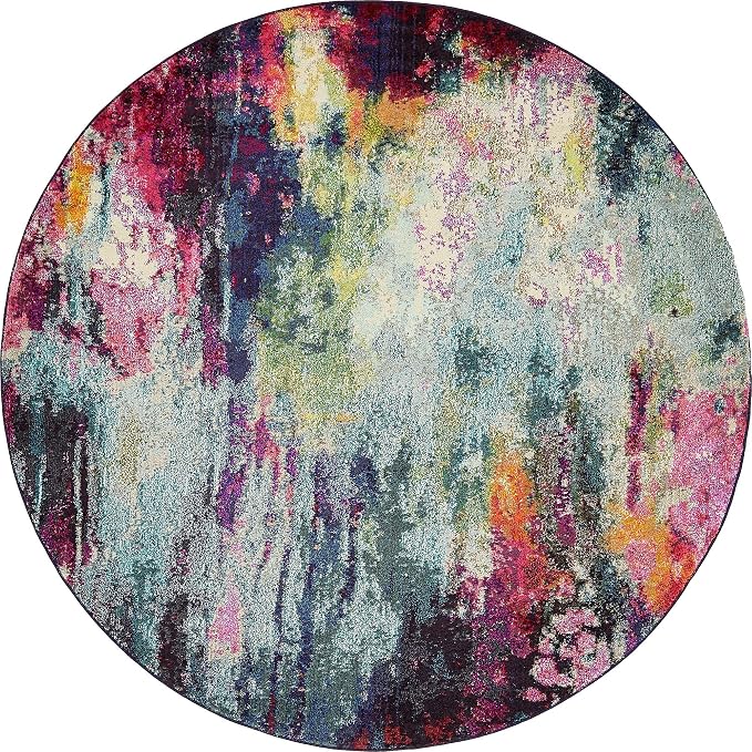 Unique Loom Chromatic Collection Modern Colorful & Vibrant Abstract Area Rug For Any Home Décor (8' 0 x 8' 0 Round, Multi/ Light Blue)