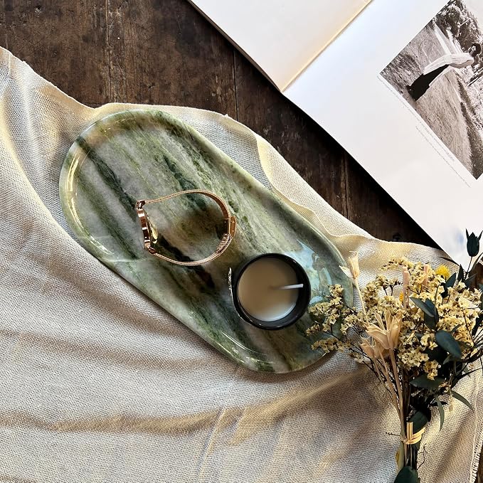 Green Marble Vanity Tray 9.8", Natural Stone Organizer for Bathroom | Luxury green marble tray, polished non-slip base, Perfect for jewelry, perfumes, décor. Unique pattern, ideal gift for her.