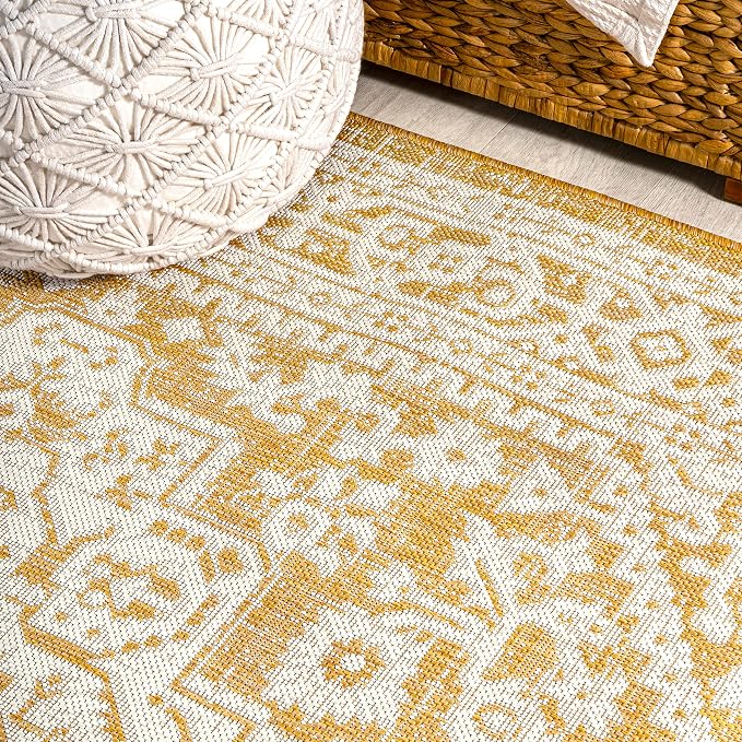 JONATHAN Y Medallion Weave Indoor Outdoor Square Area Rug 5X5 Yellow/Cream, Sinjuri Textured for Backyard, Patio, Porch, Easy-Cleaning, High Traffic, Pet-Friendly, Non-Shedding (SMB101I-5SQ)