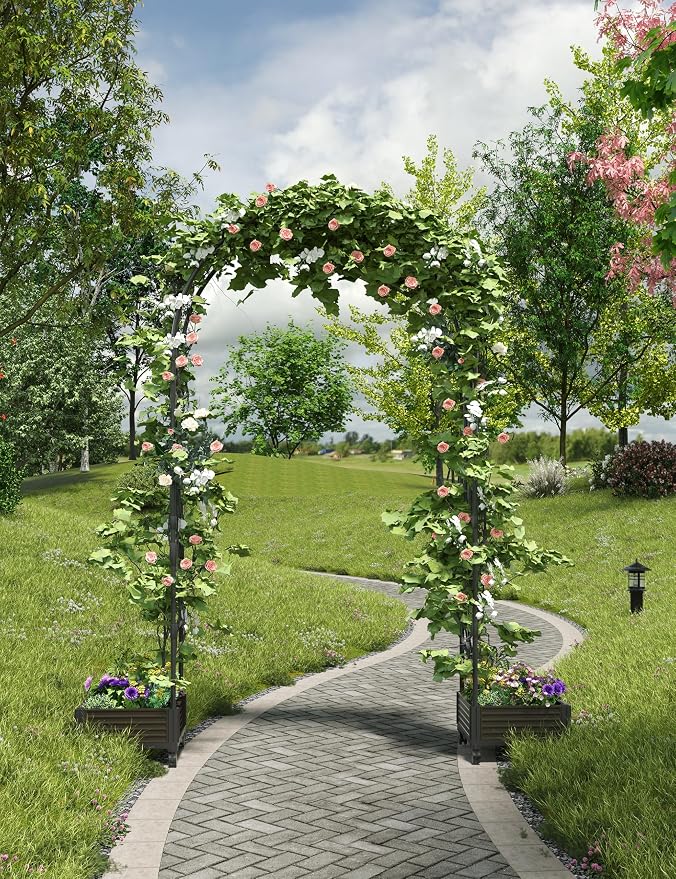 47 in Tall Garden Arch Trellis for Climbing Plants – Metal Wedding Arch with Planter Box, Flower Frame Backdrop Stand – Rustproof Arbor for Wedding, Party, Balloon Decor & Outdoor Plant Support