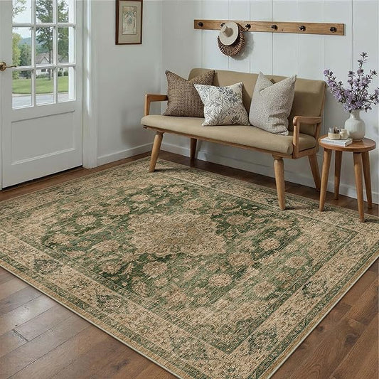 HUGEAR 4x6 Entryway Area Rug Retro Green Small Rug Machine Washable Door Mat Vintage Floral Low Pile Carpet Distressed Throw Rug Entrance Kitchen Bedroom Bathroom Office Non Slip Soft Lightweight