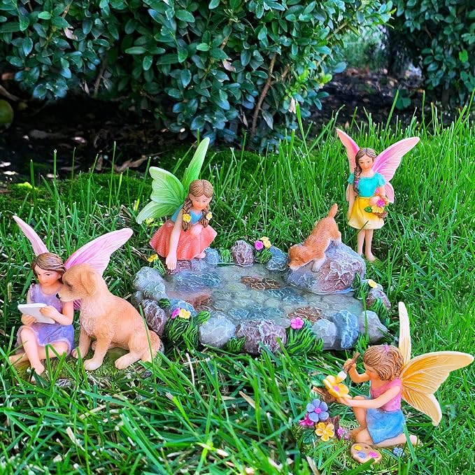 Mood Lab Fairy Garden Decor Figurines - Decorative Resin Pond Statues (5 Pieces) for Indoor & Outdoor Decor