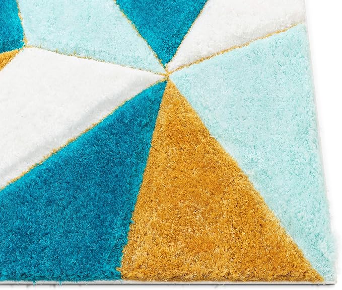 Well Woven Walker Blue Triangle Boxes Thick Soft Plush 3D Textured Shag (2'7" x 9'10") Runner