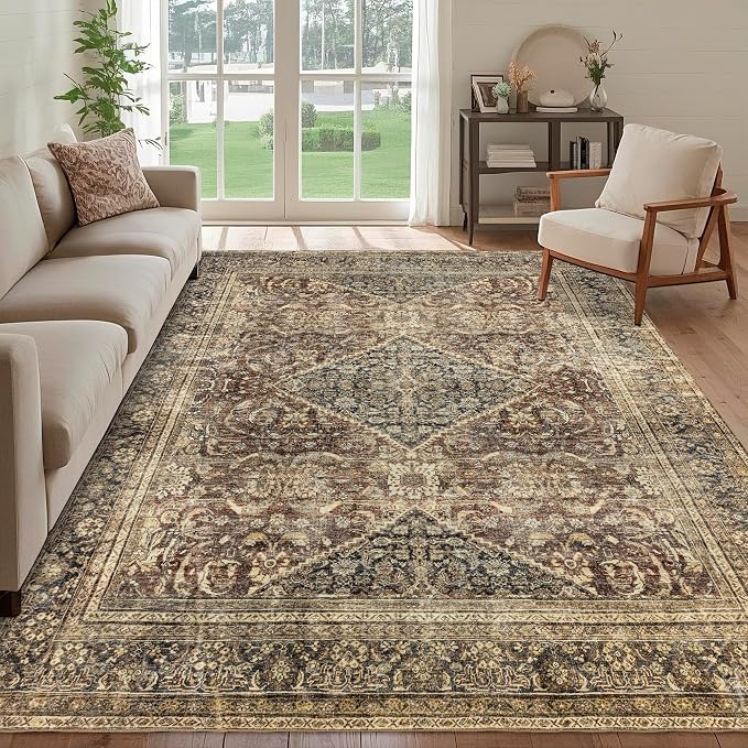 Washable 6x9 Area Rug: Vintage Brown Rugs for Living Room Bedroom Dining Room Office Indoor - Soft Non-Slip Large Carpet Home Decor - Oriental Dark Brown