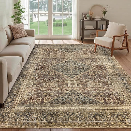 Washable 6x9 Area Rug: Vintage Brown Rugs for Living Room Bedroom Dining Room Office Indoor - Soft Non-Slip Large Carpet Home Decor - Oriental Dark Brown