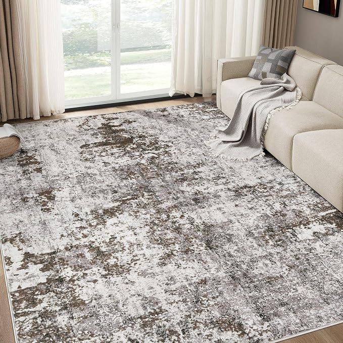 DMOYEST 10x12 Area Rug for Living Room Washable Abstract Indoor Carpet | Neutral Modern Low Pile Rugs Kid & Pet Friendly Large Soft Thin Carpet for Bedroom Dining Room - Dark Brown