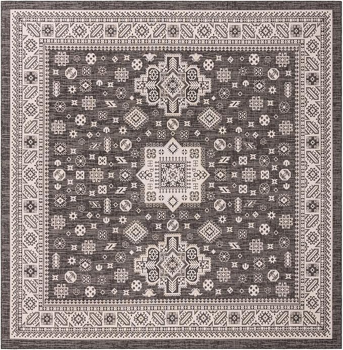 Unique Loom Outdoor Aztec Collection Area Rug - Chalca (13' Square, Charcoal Gray/ Ivory)
