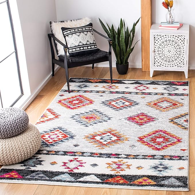 SAFAVIEH Adirondack Collection Area Rug - 6' Square, Grey & Red, Boho Tribal Design, Non-Shedding & Easy Care, Ideal for High Traffic Areas in Living Room, Bedroom (ADR245F)