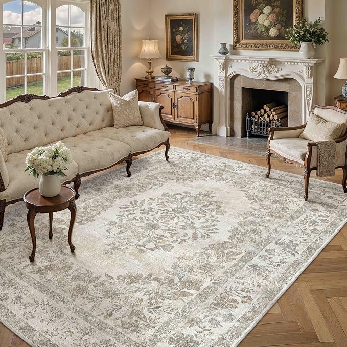 7x10 Washable Area Rug Living Room Cream Beige Vintage Carpet | Soft Low Pile, Non Slip, Stain Resistant, Floral Medallion, Neutral Retro Decor for Bedroom, Dining Room, Kids Room, Office