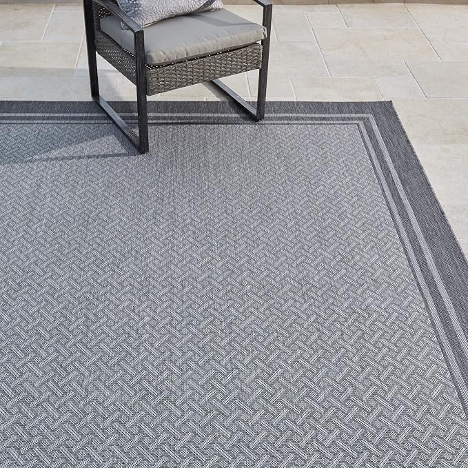 Gertmenian Indoor Outdoor Classic Flatweave Area Rug, Stain & UV Resistant Carpet, Deck, Patio, Poolside & Mudroom, 8x10 Ft Large, Simple Border, Silver Gray, 21908P2