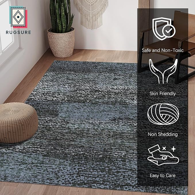 Washable Area Rug - 1/6 Thick - Stain & Water Resistant Non-Slip - Resistant Rug for Living Room, Bedroom, Nursery, Pet & Child Friendly, Vintage Charm Area Rugs (Darkgrey+Bule, 5' x 7')