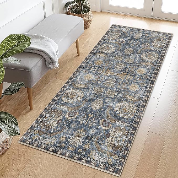 Washable Area Rugs - Perfect for Living Room, Bedroom, Kids Room, Nursery - Stain & Water Resistant Non-Slip, Pet & Child Friendly, Vintage Tribal Area Rugs (Navy, 2'6'' x 8')