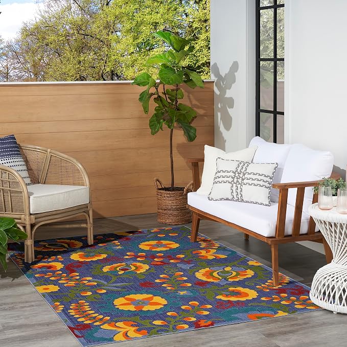 Nourison Home Aloha Navy Multicolor 5'3" x 7'5" Area Rug - Easy Clean, Non Shedding, Bed Room, Living Room, Dining Room, Kitchen (5' x 8')
