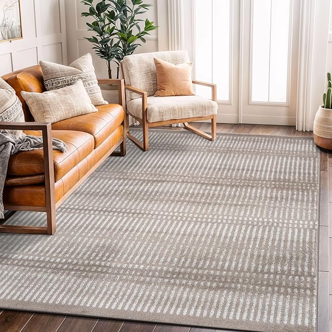 Rugshop Contemporary Stripe Lines High Traffic Area Rug Beige 5' x 7' | Rectangular, Size 5' x 7', Living Room, Bedroom, Dining Room, Home Office, Kitchen, Entryway, Hallway, Nursery, Kids Room